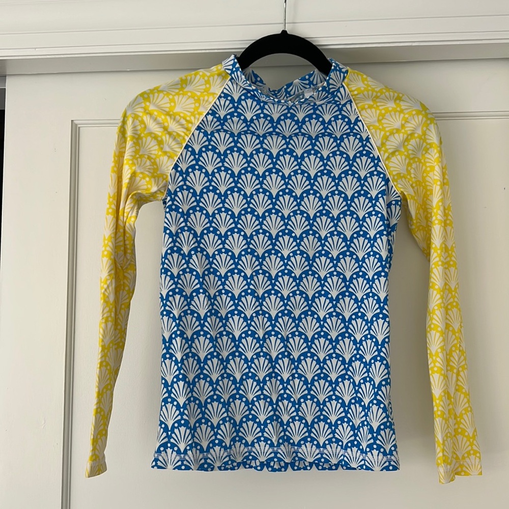 Mini Boden kids size 11-12Y Long Sleeve Rashguard Hotchpotch Coral Blue Yellow